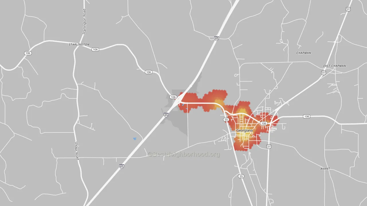 Walk Grade map of Chapman, AL, walkable areas in green and car-dependent areas in red