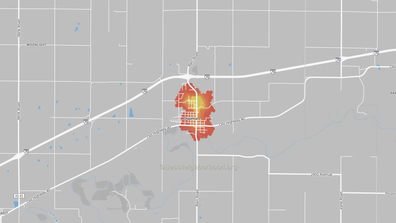 Walk Grade map of Chapman, KS, walkable areas in green and car-dependent areas in red