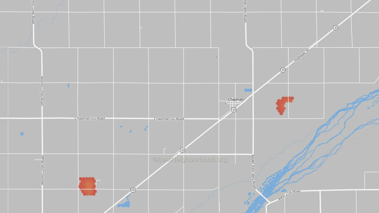 Walk Grade map of Chapman, NE, walkable areas in green and car-dependent areas in red