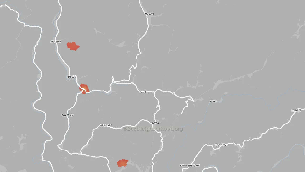 Walk Grade map of Chapman, WV, walkable areas in green and car-dependent areas in red