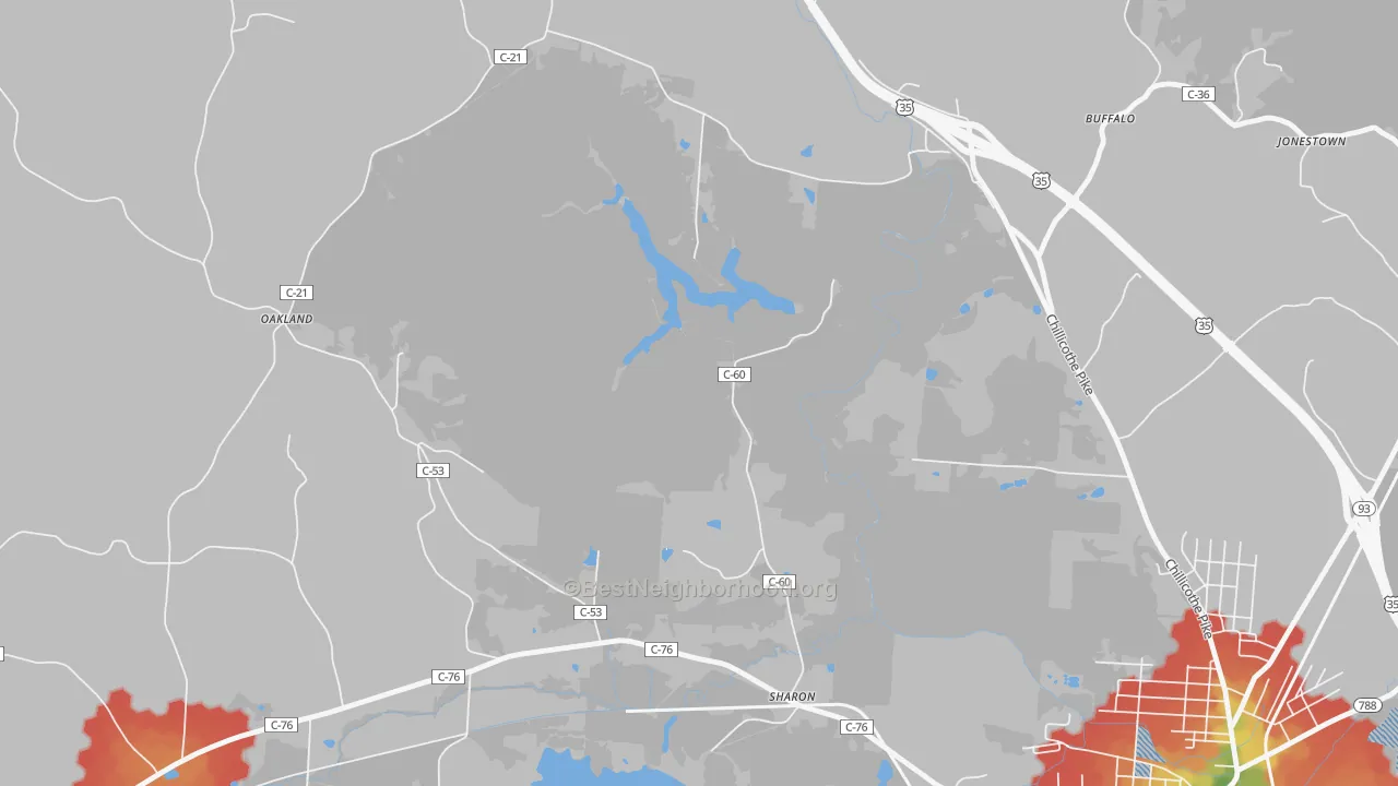 Walk Grade map of Chapmans, OH, walkable areas in green and car-dependent areas in red