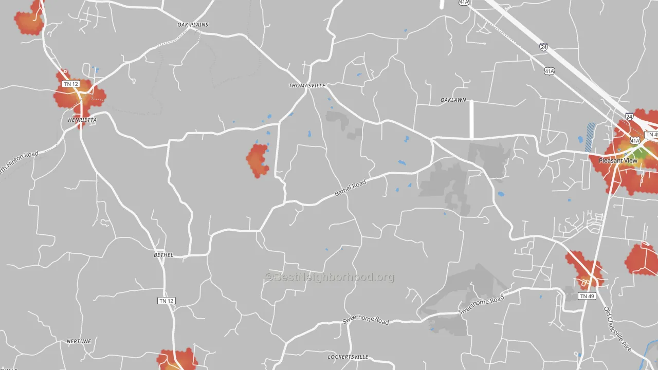 Walk Grade map of Chapmansboro, TN, walkable areas in green and car-dependent areas in red