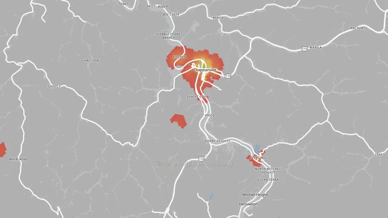 Walk Grade map of Chapmanville, WV, walkable areas in green and car-dependent areas in red