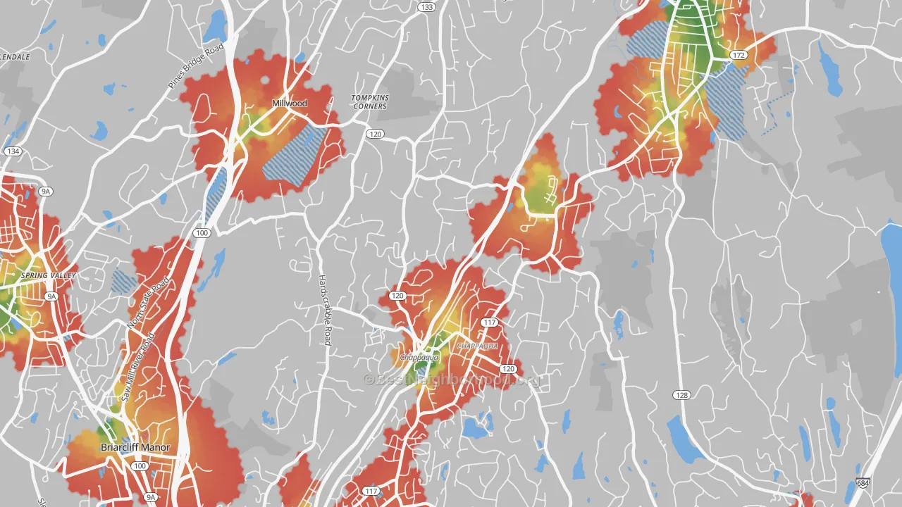 Walk Grade map of Chappaqua, NY, walkable areas in green and car-dependent areas in red