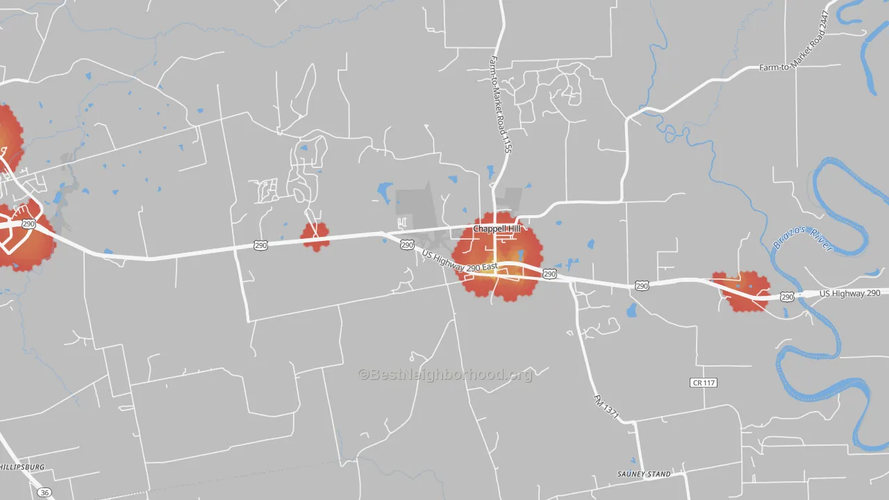 Walk Grade map of Chappell Hill, TX, walkable areas in green and car-dependent areas in red