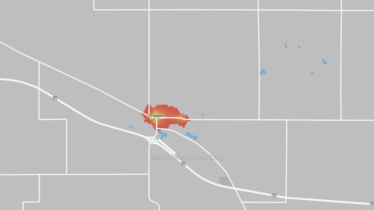 Walk Grade map of Chappell, NE, walkable areas in green and car-dependent areas in red
