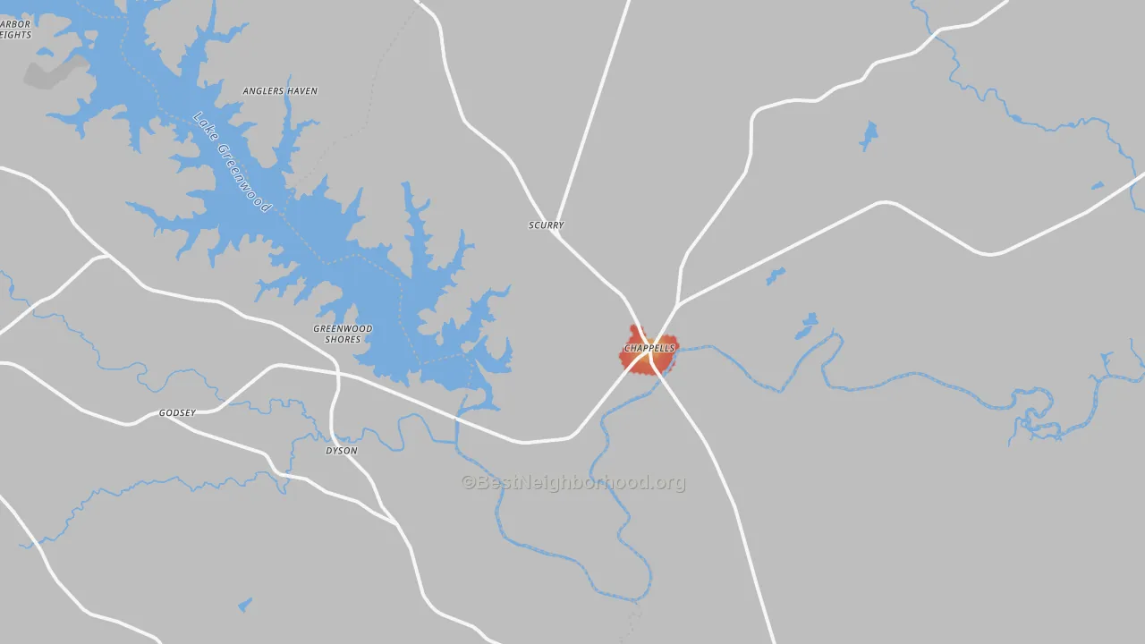 Walk Grade map of Chappells, SC, walkable areas in green and car-dependent areas in red