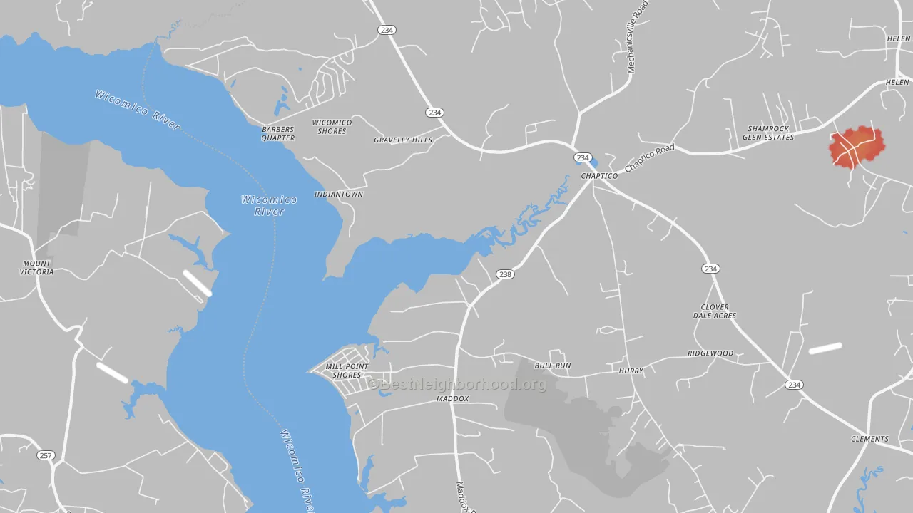 Walk Grade map of Chaptico, MD, walkable areas in green and car-dependent areas in red
