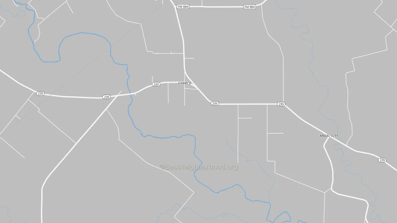 Walk Grade map of Charco, TX, walkable areas in green and car-dependent areas in red