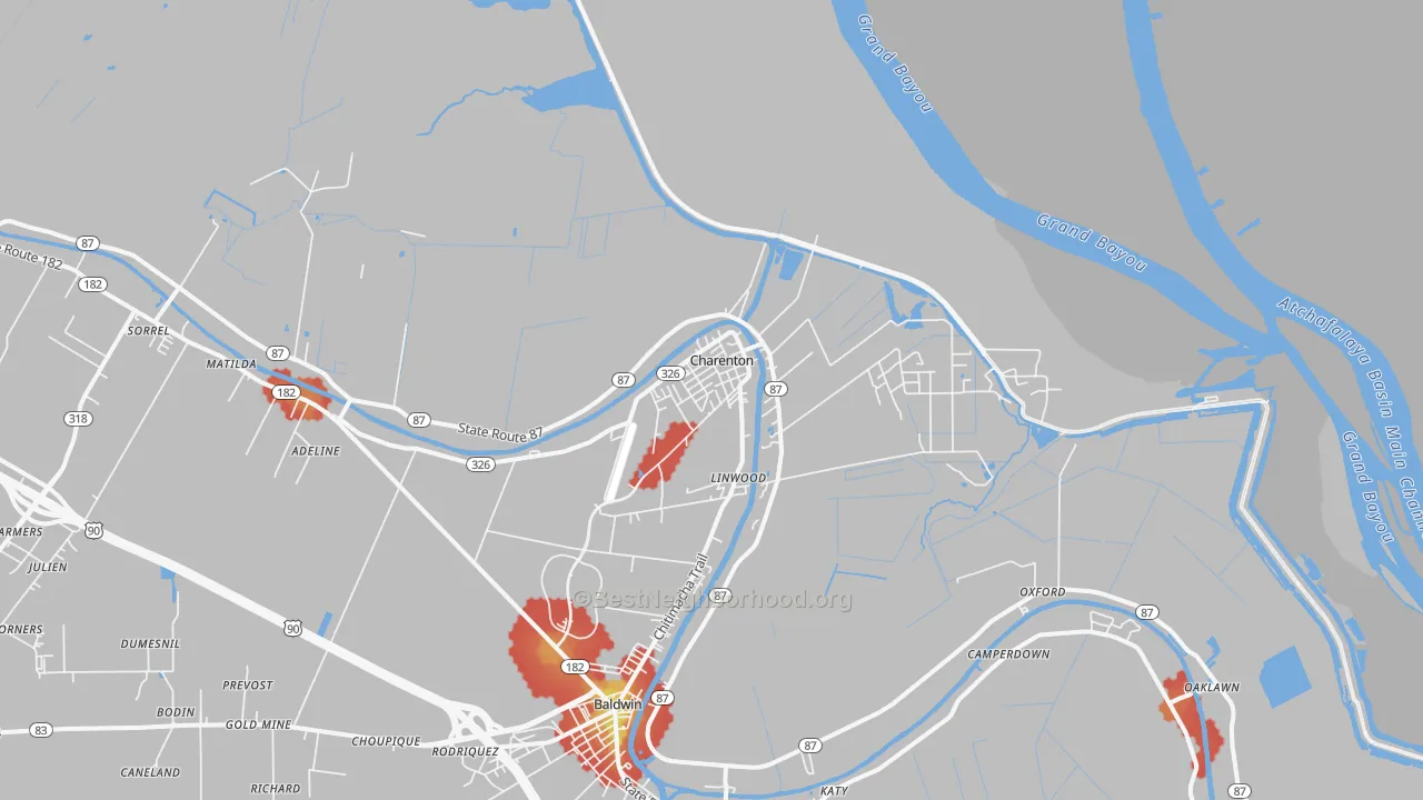 Walk Grade map of Charenton, LA, walkable areas in green and car-dependent areas in red