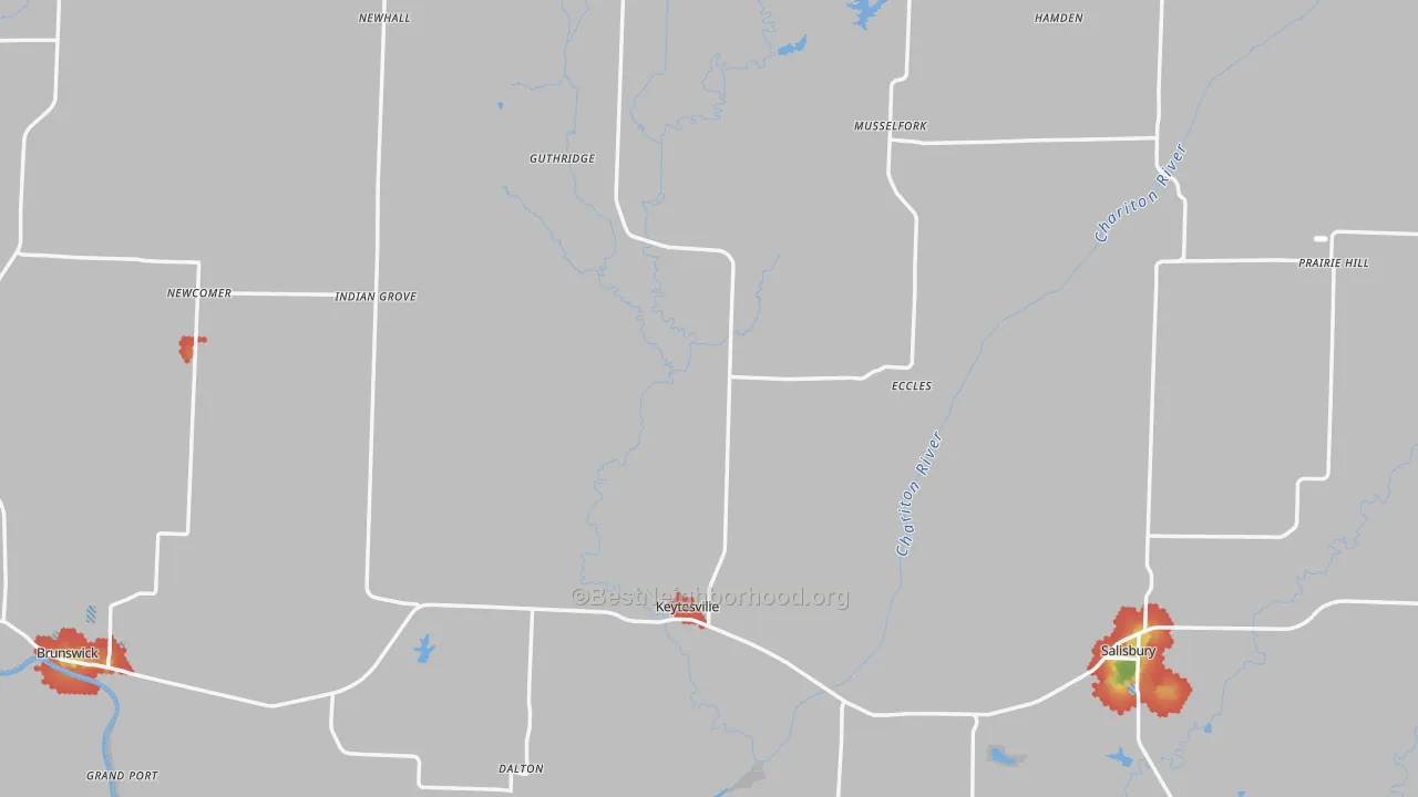 Walk Grade map of Chariton County, MO, walkable areas in green and car-dependent areas in red