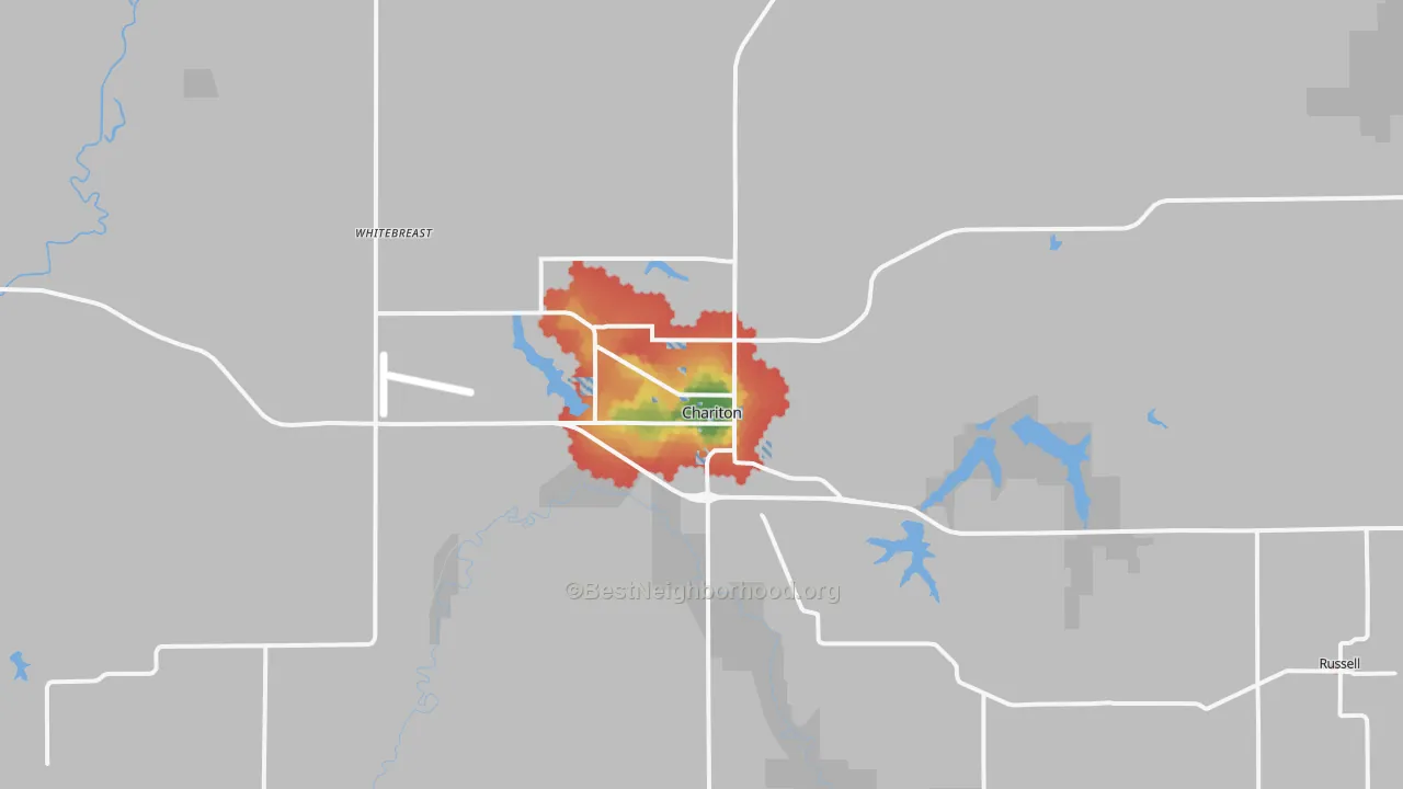 Walk Grade map of Chariton, IA, walkable areas in green and car-dependent areas in red