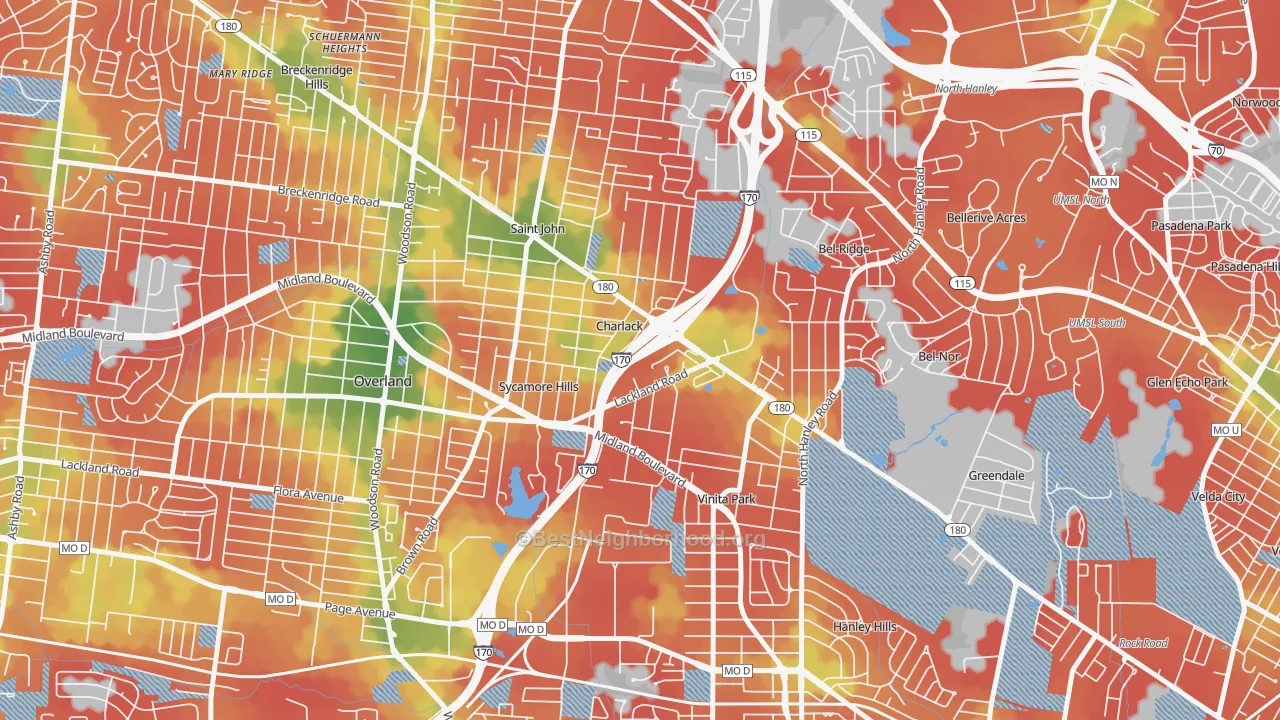 Walk Grade map of Charlack, MO, walkable areas in green and car-dependent areas in red
