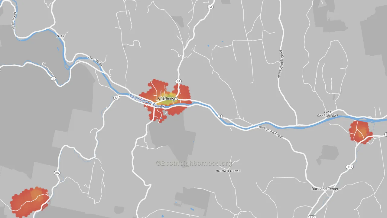 Walk Grade map of Charlemont, MA, walkable areas in green and car-dependent areas in red