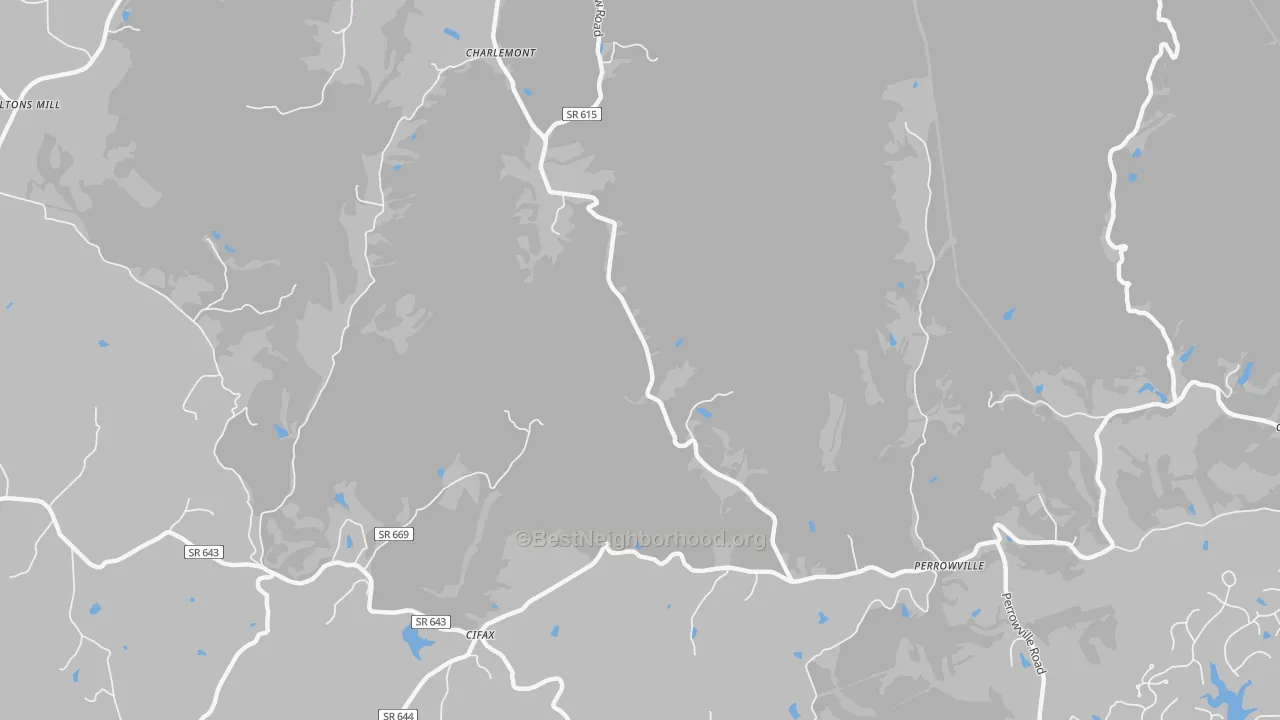 Walk Grade map of Charlemont, VA, walkable areas in green and car-dependent areas in red