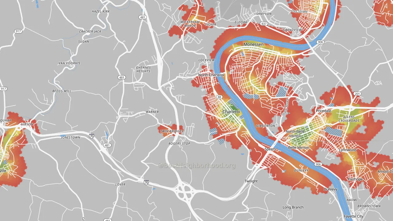 Walk Grade map of Charleroi, PA, walkable areas in green and car-dependent areas in red