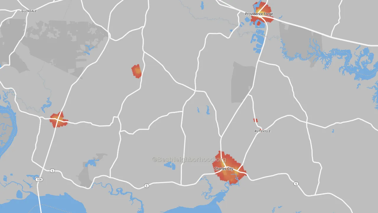 Walk Grade map of Charles City County, VA, walkable areas in green and car-dependent areas in red
