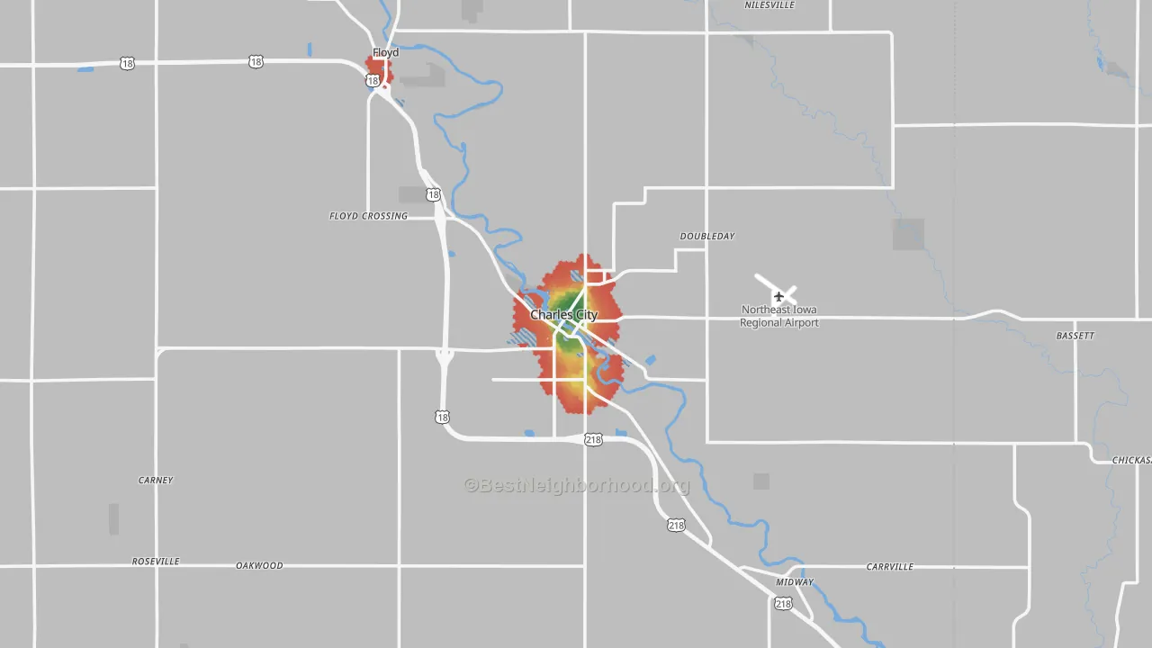 Walk Grade map of Charles City, IA, walkable areas in green and car-dependent areas in red
