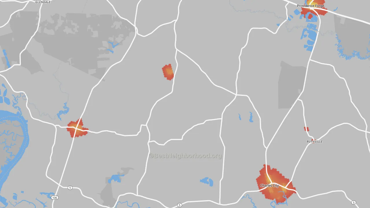 Walk Grade map of Charles City, VA, walkable areas in green and car-dependent areas in red
