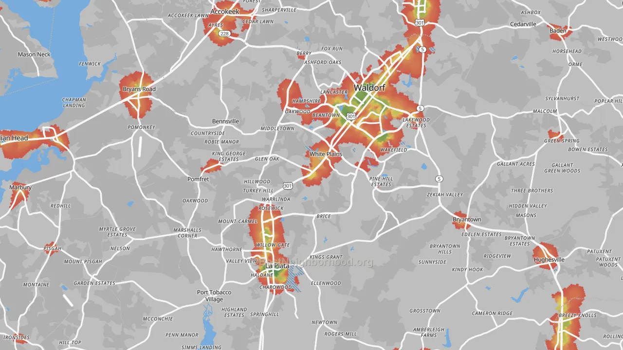 Walk Grade map of Charles County, MD, walkable areas in green and car-dependent areas in red