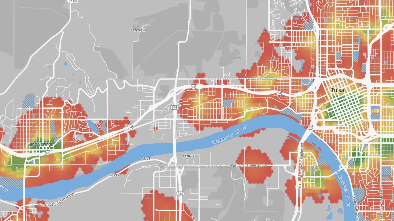 Walk Grade map of Charles Page, Tulsa, OK, walkable areas in green and car-dependent areas in red