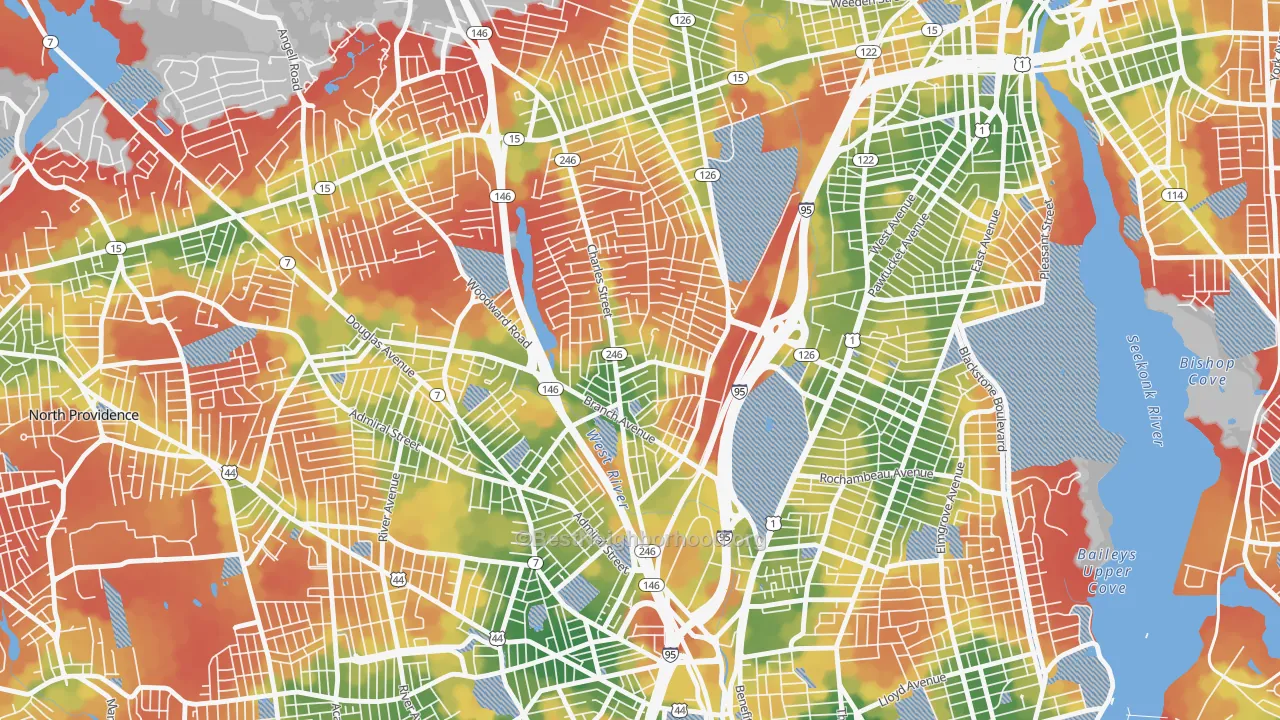 Walk Grade map of Charles, Providence, RI, walkable areas in green and car-dependent areas in red