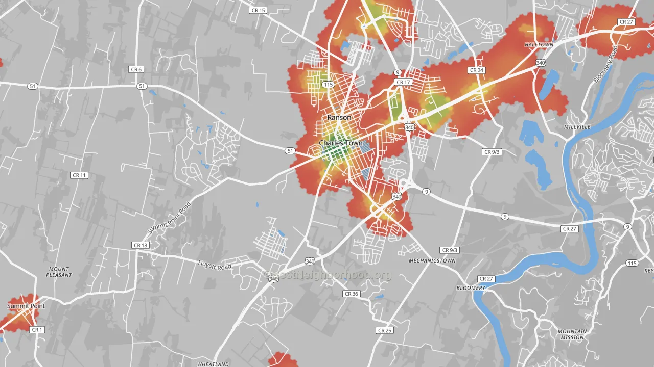 Walk Grade map of Charles Town, WV, walkable areas in green and car-dependent areas in red