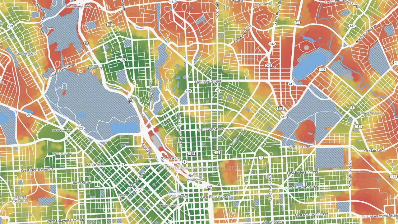 Walk Grade map of Charles Village, Baltimore, MD, walkable areas in green and car-dependent areas in red