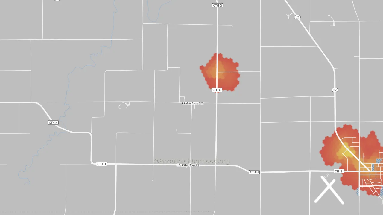 Walk Grade map of Charlesburg, WI, walkable areas in green and car-dependent areas in red