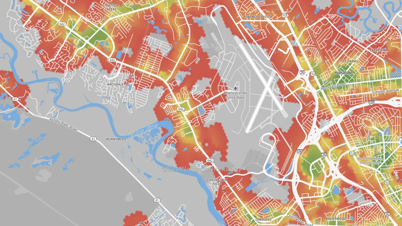 Walk Grade map of Charleston Afb, SC, walkable areas in green and car-dependent areas in red