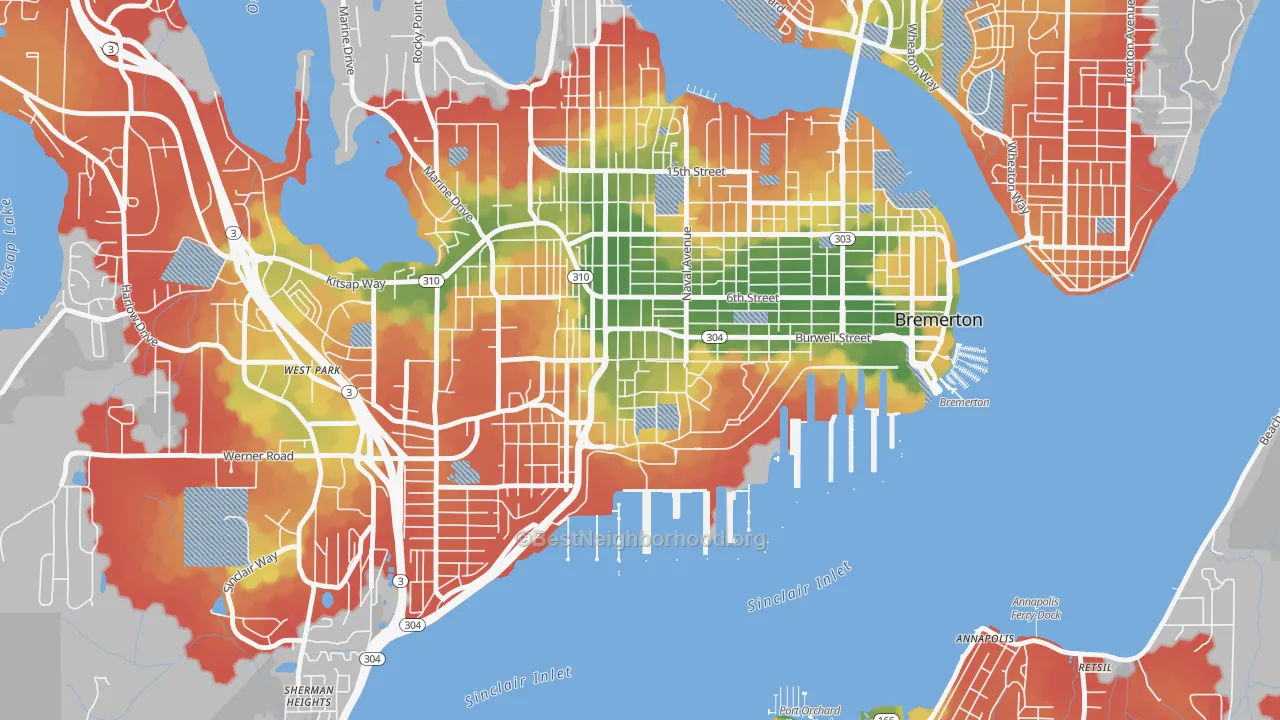 Walk Grade map of Charleston, Bremerton, WA, walkable areas in green and car-dependent areas in red