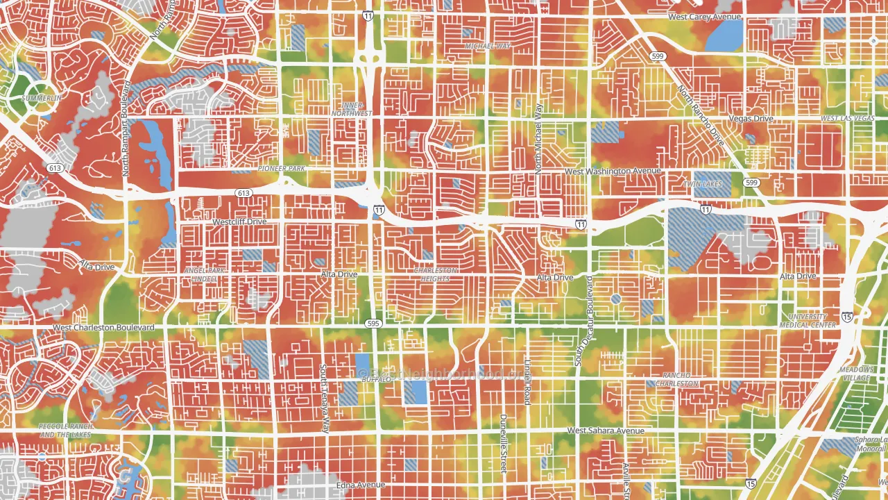 Walk Grade map of Charleston Heights, Las Vegas, NV, walkable areas in green and car-dependent areas in red
