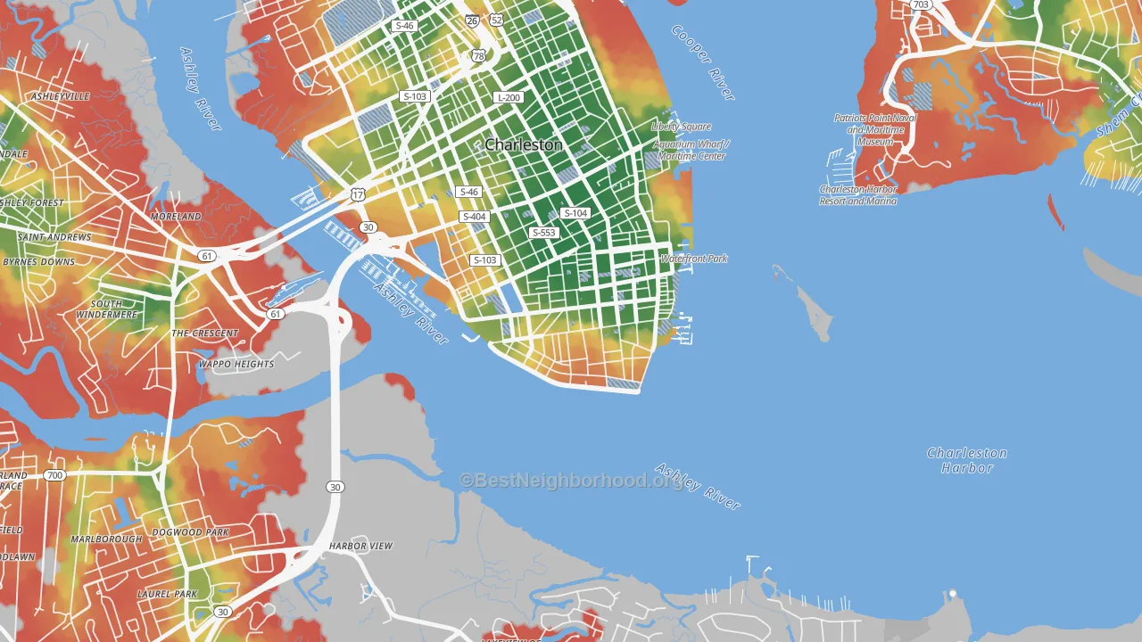 Walk Grade map of Charleston Historic District, Charleston, SC, walkable areas in green and car-dependent areas in red