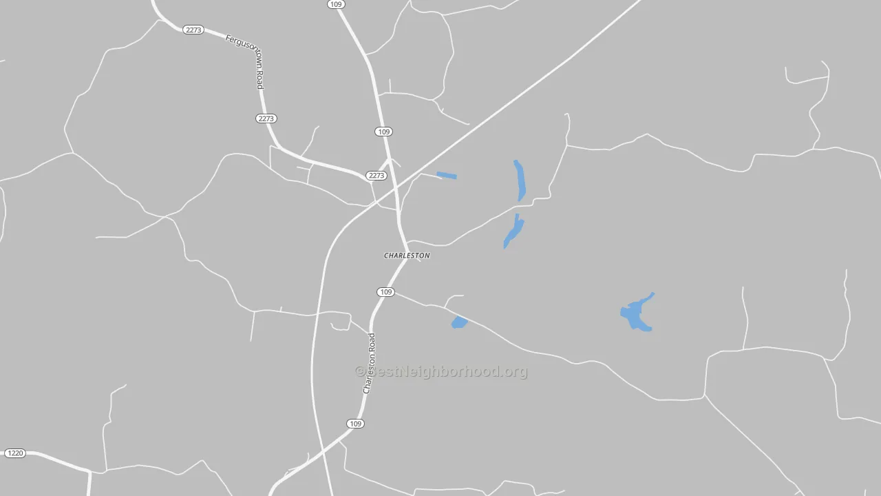 Walk Grade map of Charleston, KY, walkable areas in green and car-dependent areas in red