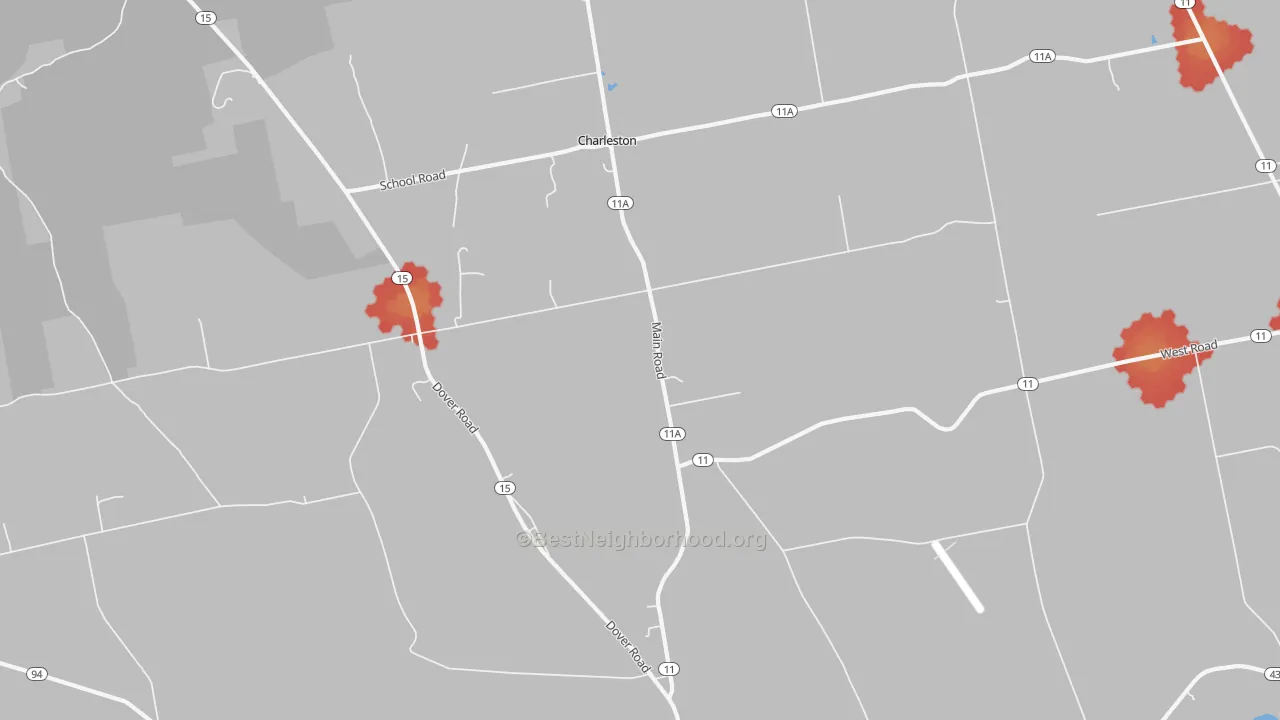 Walk Grade map of Charleston, ME, walkable areas in green and car-dependent areas in red