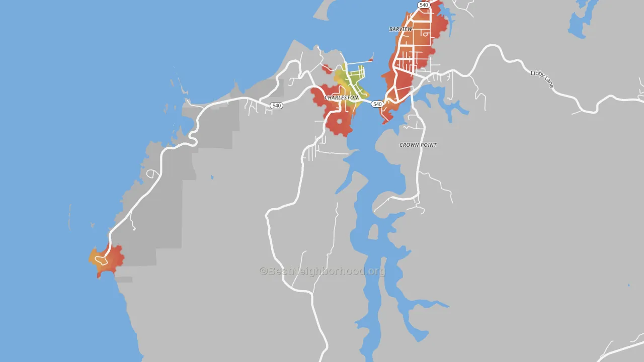 Walk Grade map of Charleston, OR, walkable areas in green and car-dependent areas in red