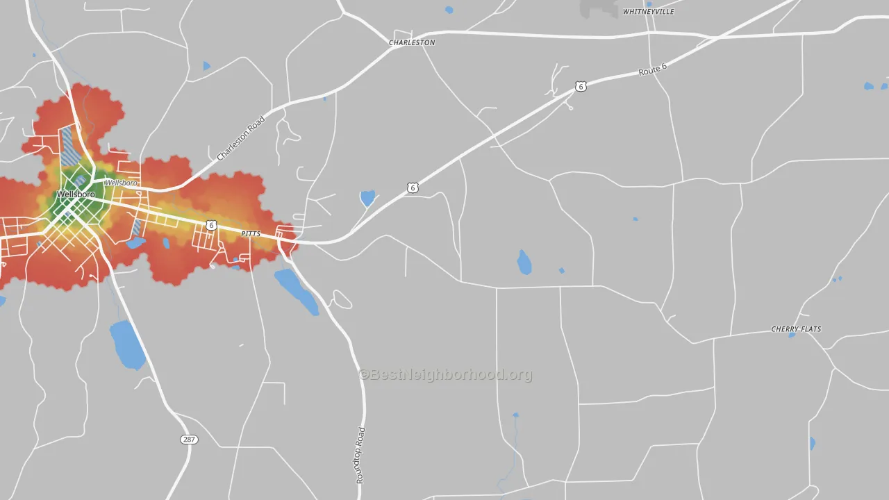 Walk Grade map of Charleston, PA, walkable areas in green and car-dependent areas in red