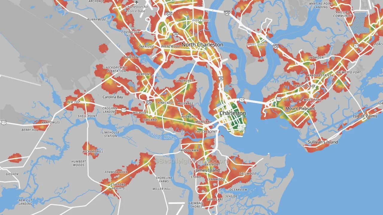 Walk Grade map of Charleston, SC, walkable areas in green and car-dependent areas in red