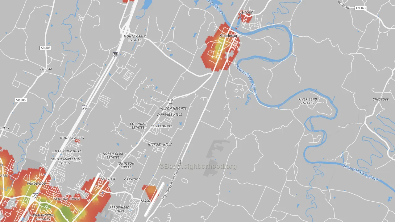 Walk Grade map of Charleston, TN, walkable areas in green and car-dependent areas in red