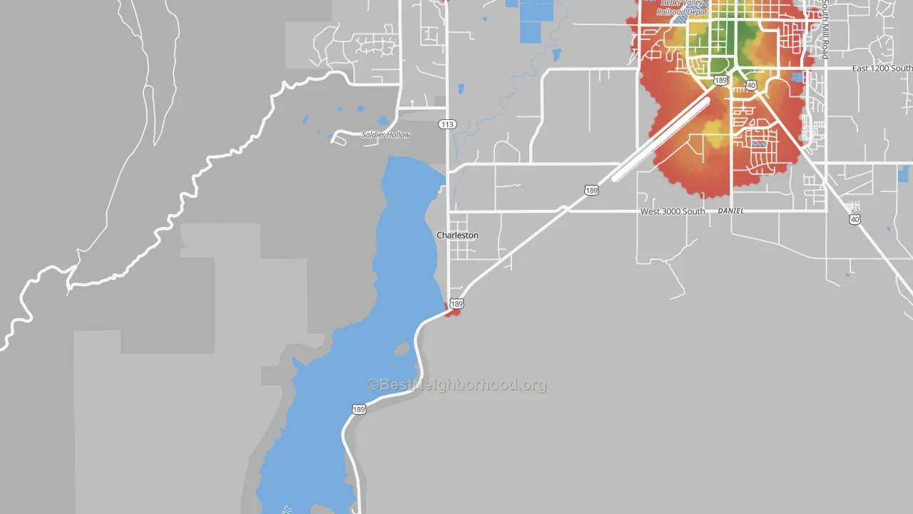 Walk Grade map of Charleston, UT, walkable areas in green and car-dependent areas in red