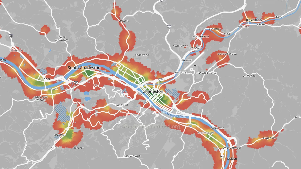 Walk Grade map of Charleston, WV, walkable areas in green and car-dependent areas in red
