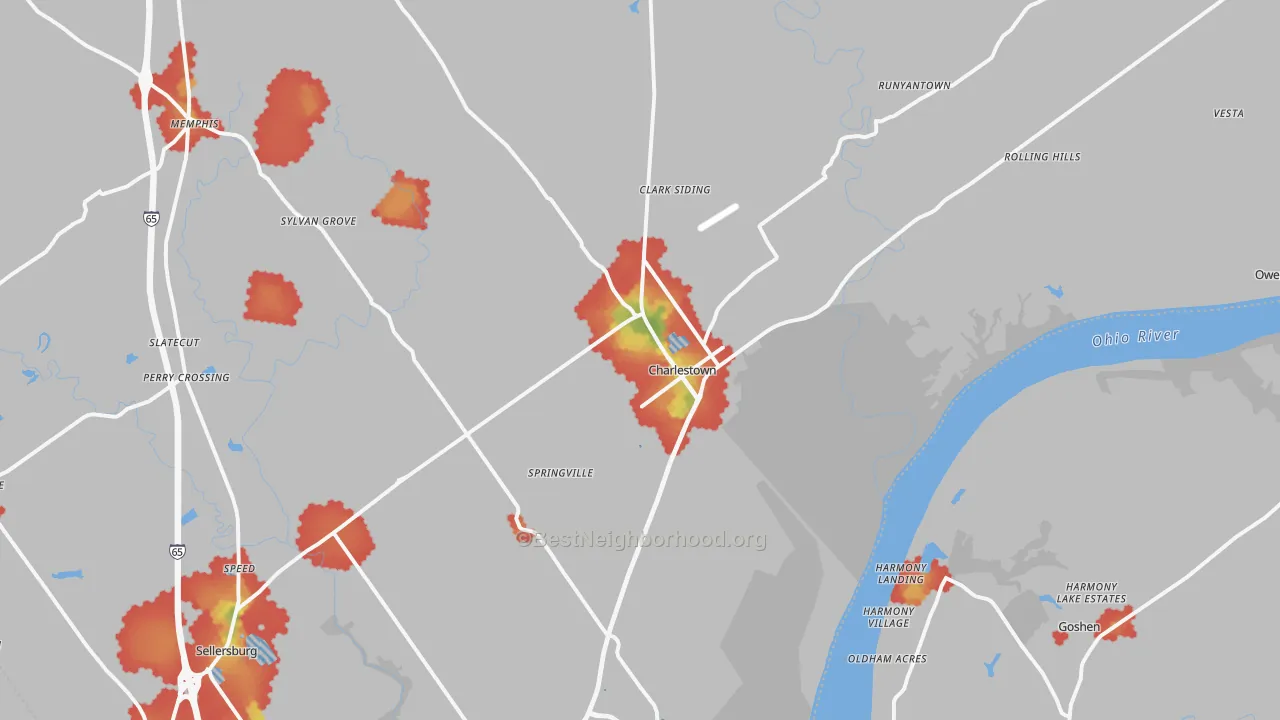Walk Grade map of Charlestown, IN, walkable areas in green and car-dependent areas in red