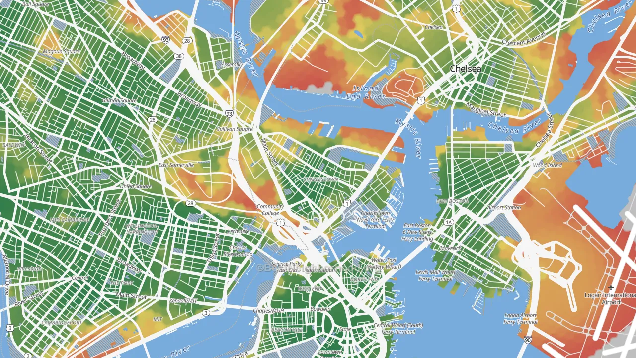 Walk Grade map of Charlestown, MA, walkable areas in green and car-dependent areas in red