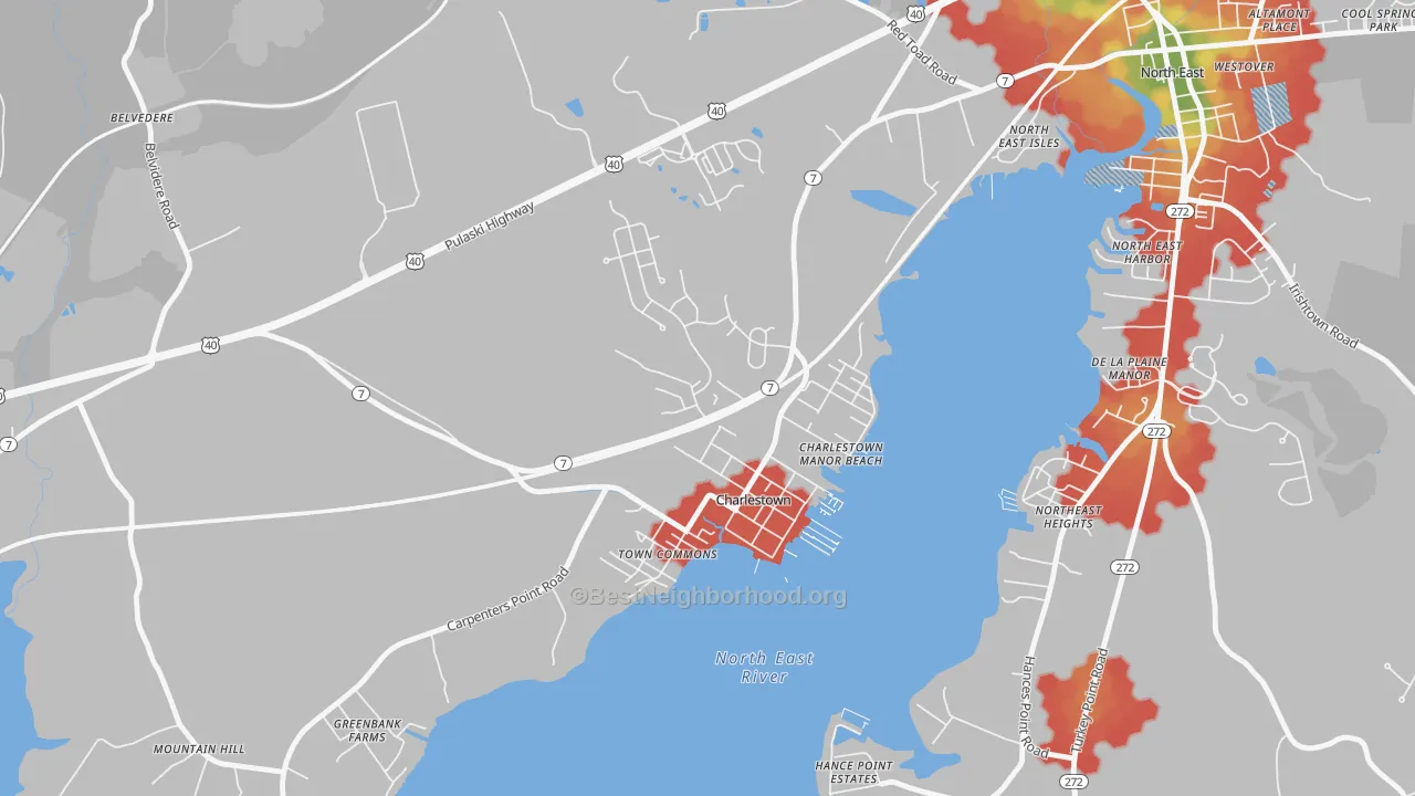 Walk Grade map of Charlestown, MD, walkable areas in green and car-dependent areas in red