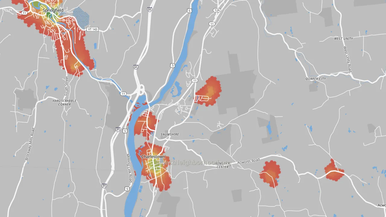 Walk Grade map of Charlestown, NH, walkable areas in green and car-dependent areas in red