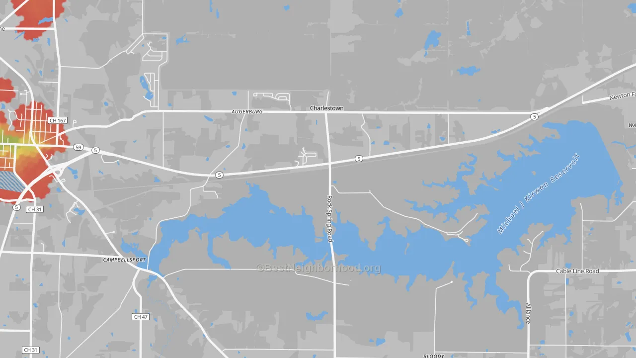 Walk Grade map of Charlestown, OH, walkable areas in green and car-dependent areas in red
