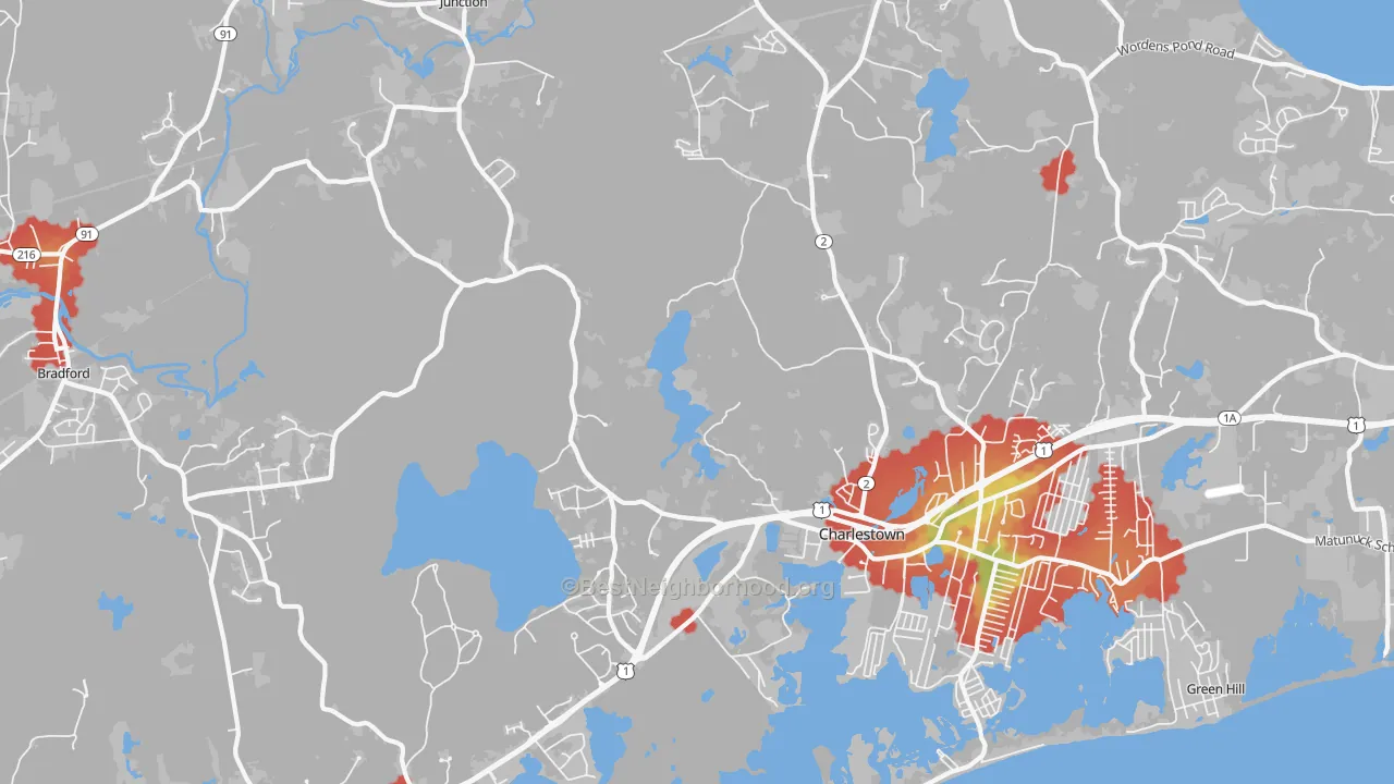 Walk Grade map of Charlestown, RI, walkable areas in green and car-dependent areas in red