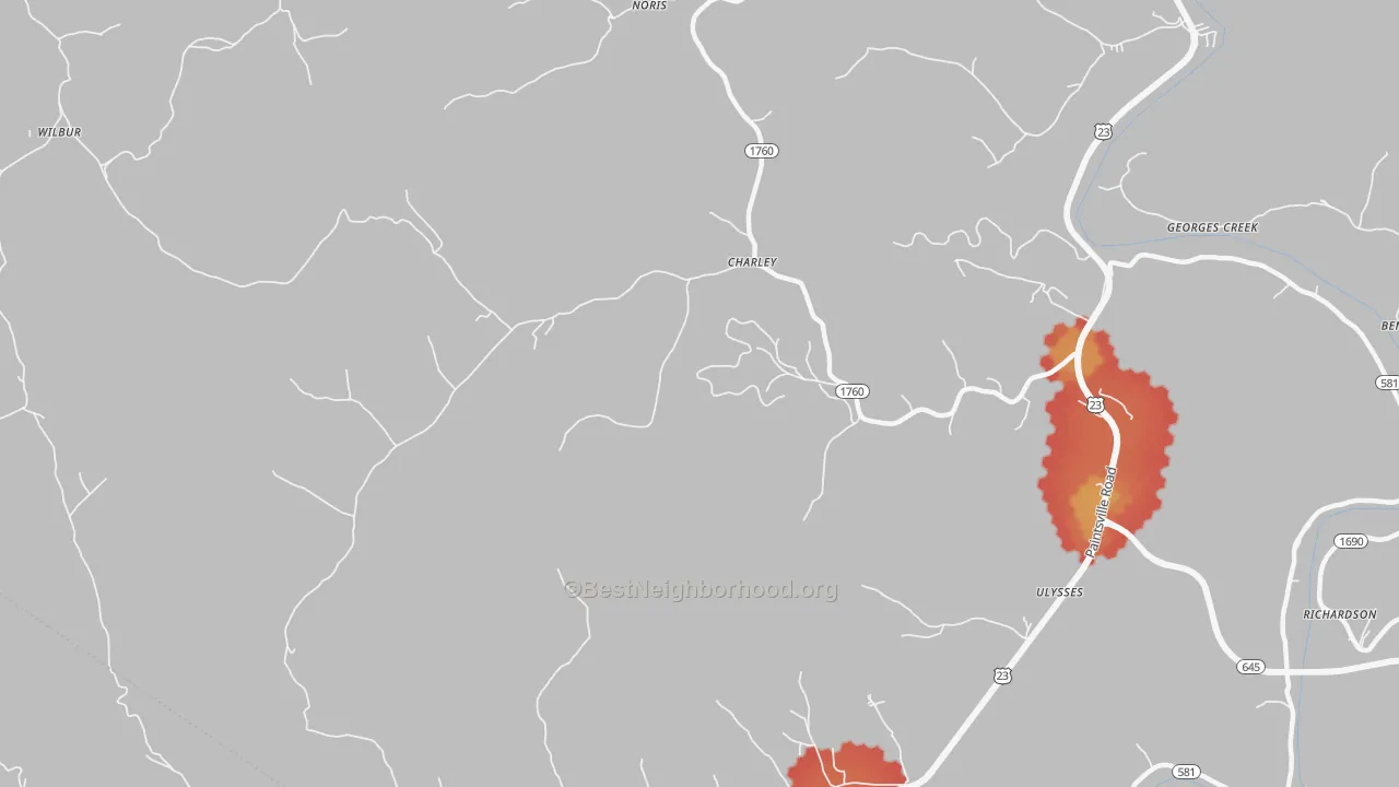 Walk Grade map of Charley, KY, walkable areas in green and car-dependent areas in red