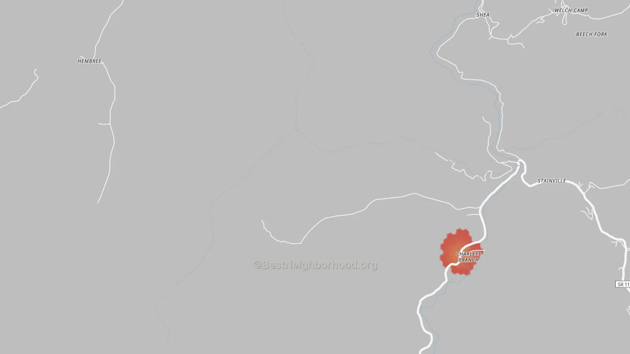 Walk Grade map of Charleys Branch, TN, walkable areas in green and car-dependent areas in red