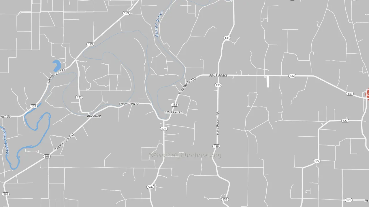 Walk Grade map of Charlieville, LA, walkable areas in green and car-dependent areas in red